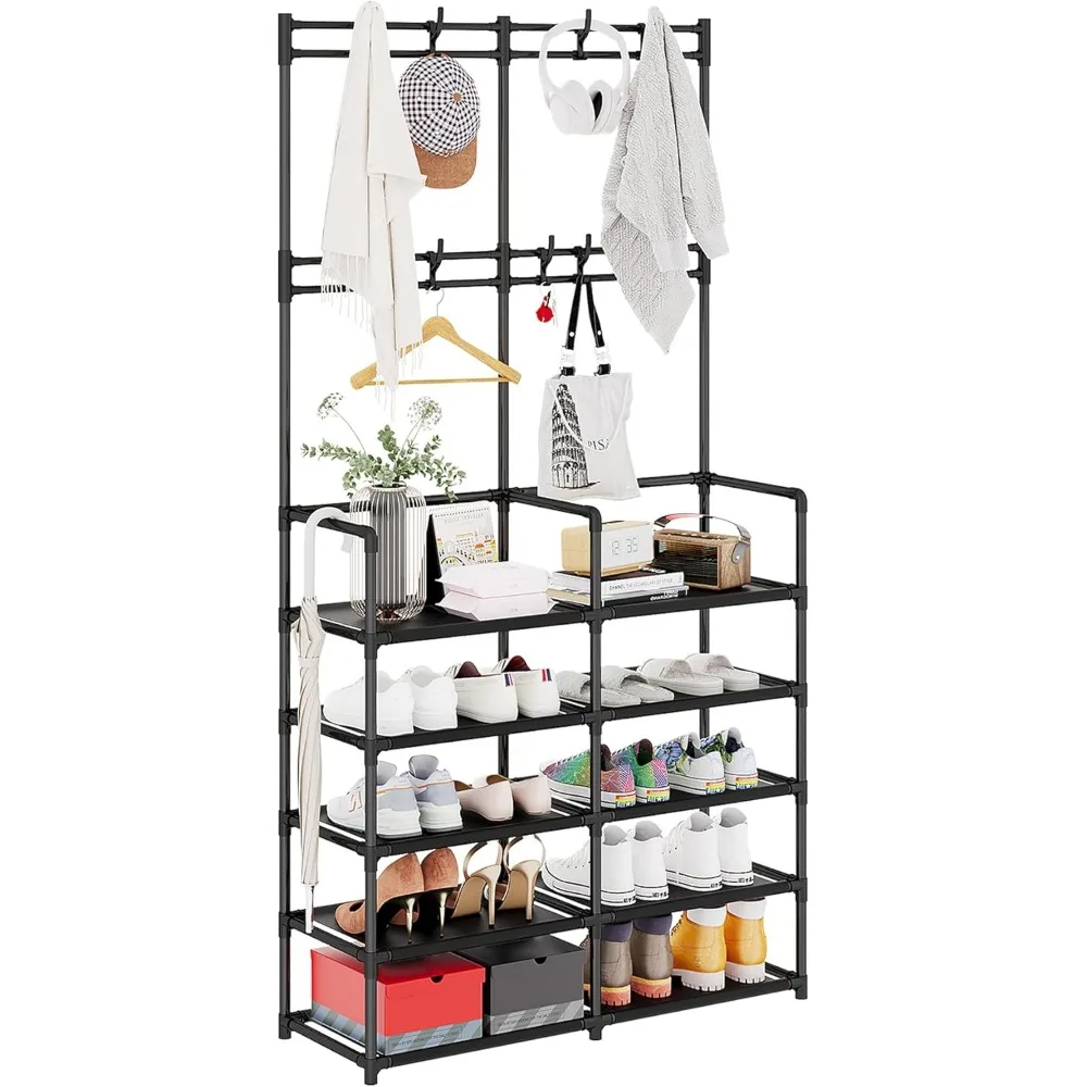 

5-Tier Coat and Shoe Rack, Entryway Coat Rack with 8 Hooks, Double Row Shoes Organizer for Living Room, Bedroom, Office, Black