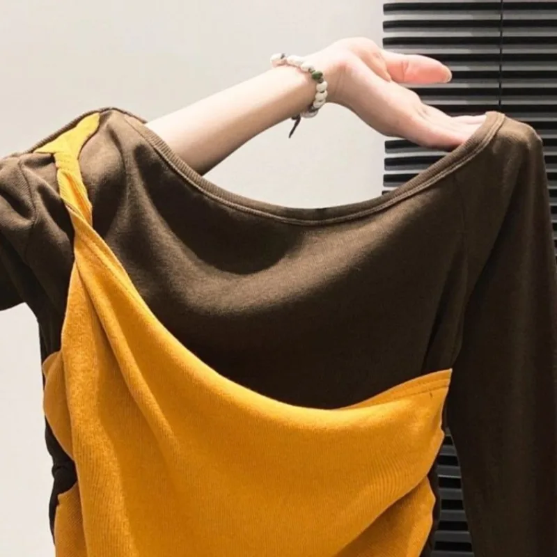 Fake 2 Pieces T Shirt For Women Spring Autumn Color Blocking Elegant Ropa De Mujer Korean Fashion Chic Short Tees