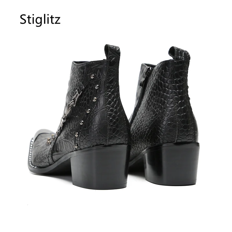 Black Rivet Metal Buckle Ankle Boots Men\'s Leather Shoes Metal Toe Safety Shoes Man for Work Side Zipper Wedding Business Shoe