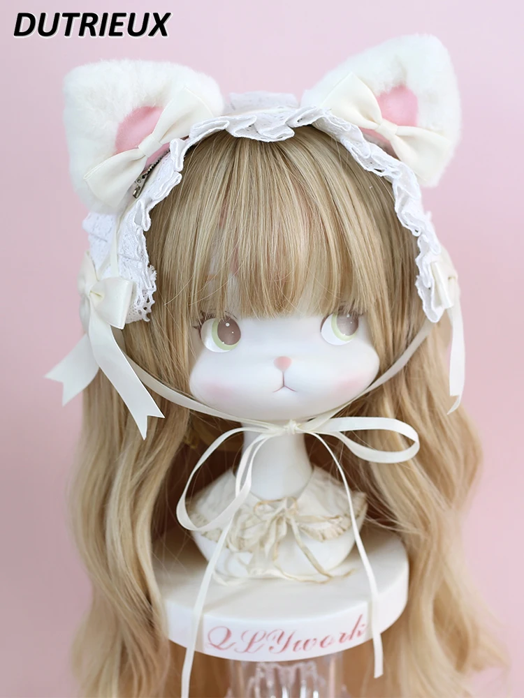 Kawaii Cute Plush Cat Ears Lace Hair Accessories Japanese Style Lolita Sweet Girl Bow Lace-up Color Matching Headband Headwear