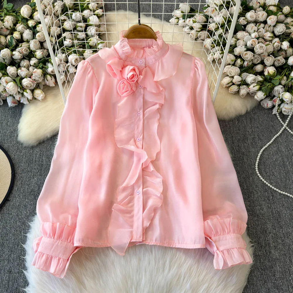 Basics Long Sleeves Elegant Stand Collar Chic Ruffle Floral Loose Chiffon Top French Streetwear High Street Autumn Women Blouse