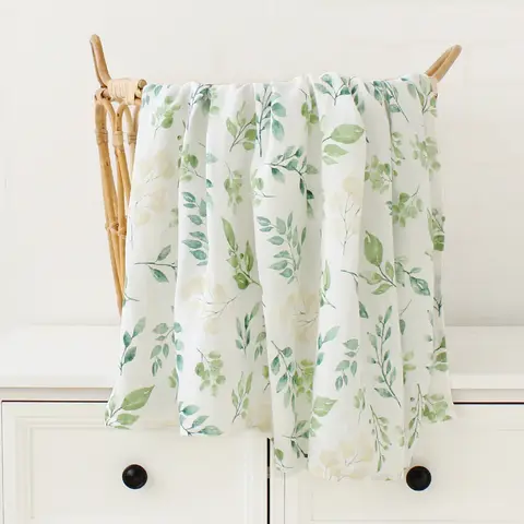대나무 면화 아기 담요 신생아 모슬린 담요 담요 아기 침대 커버 잎 인쇄 유아 목욕 타월