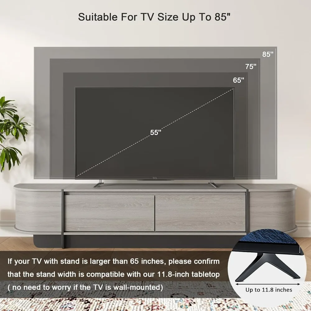 مركز ترفيه حديث كبير للتخزين لأجهزة التلفاز مقاس 55-85 بوصة، وحدة تحكم تلفزيون خشبية طويلة مع أدراج، تصميم منحني