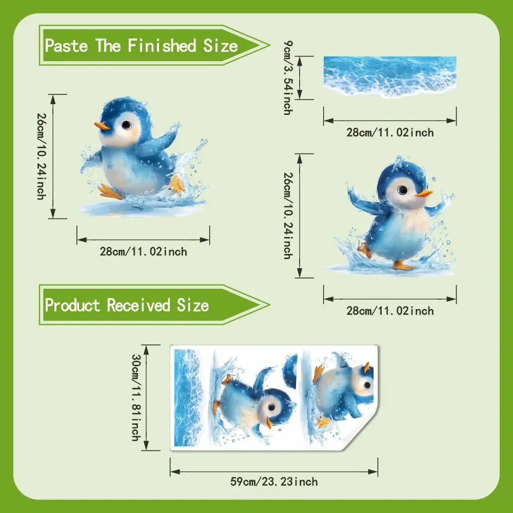 Sea Wave Penguin PVC For Bathroom Wall Sticker Waterproof 59x30cm Blue Decorative Decal for Humid Environments