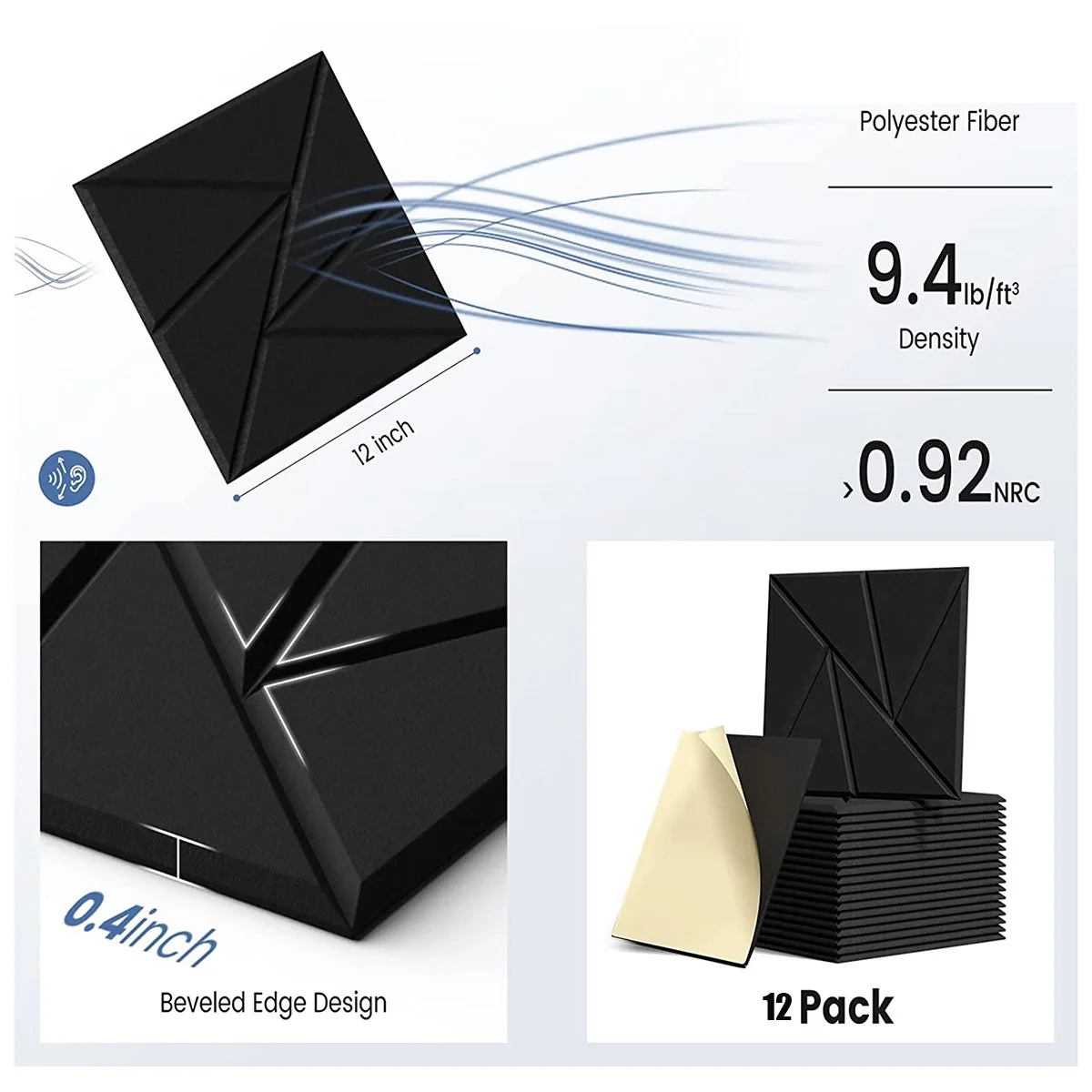 AB11-12Pack Acoustic Foam Panels Sound Proof Foam Panels Sound Panels High Density With Self-Adhesive, 12X 12X 0.4Inch Black