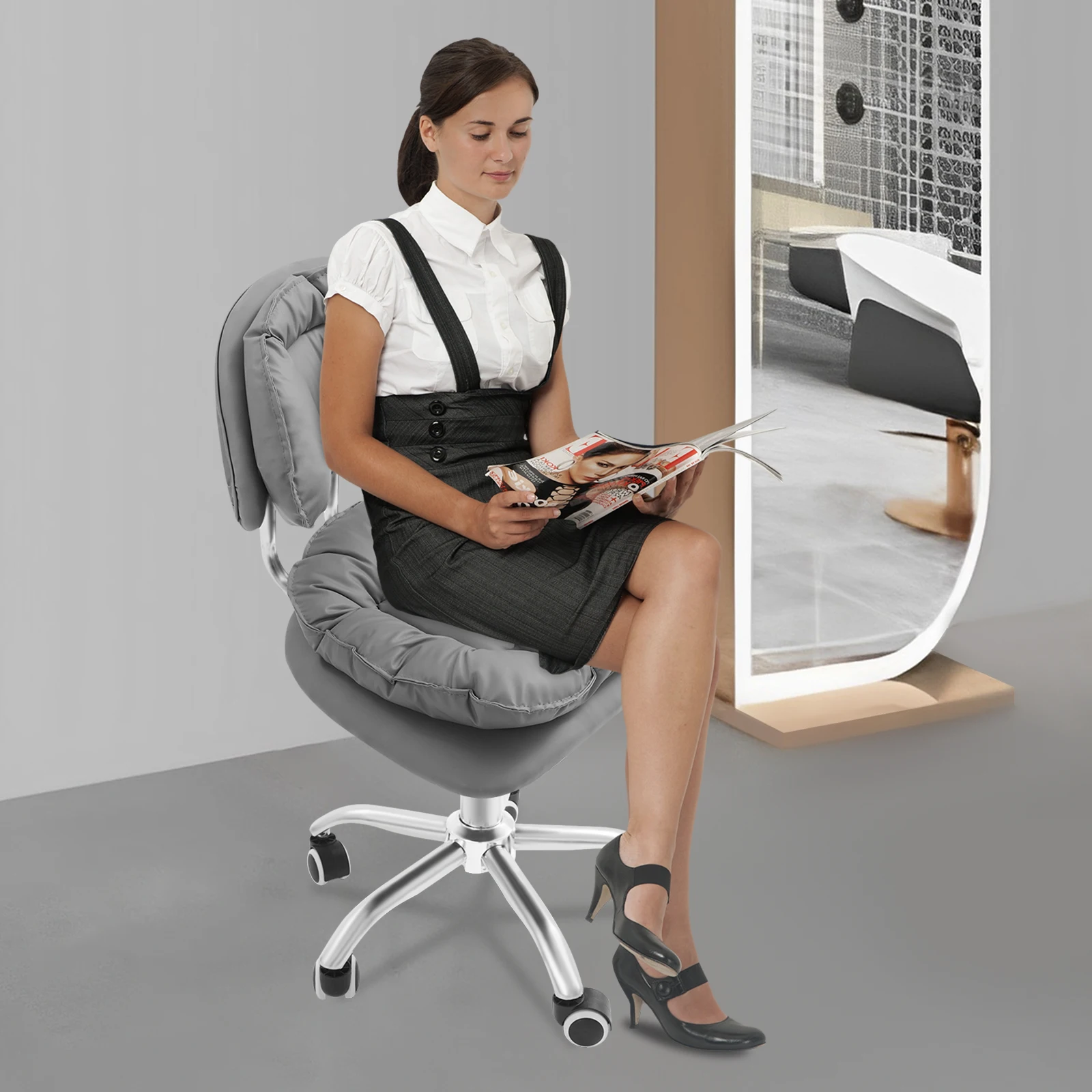 

Adjustable Height 360° Swivel Rolling Stool Chair - Ergonomic Leather Seat & Backrest Support, 220.46lbs Load Capacity