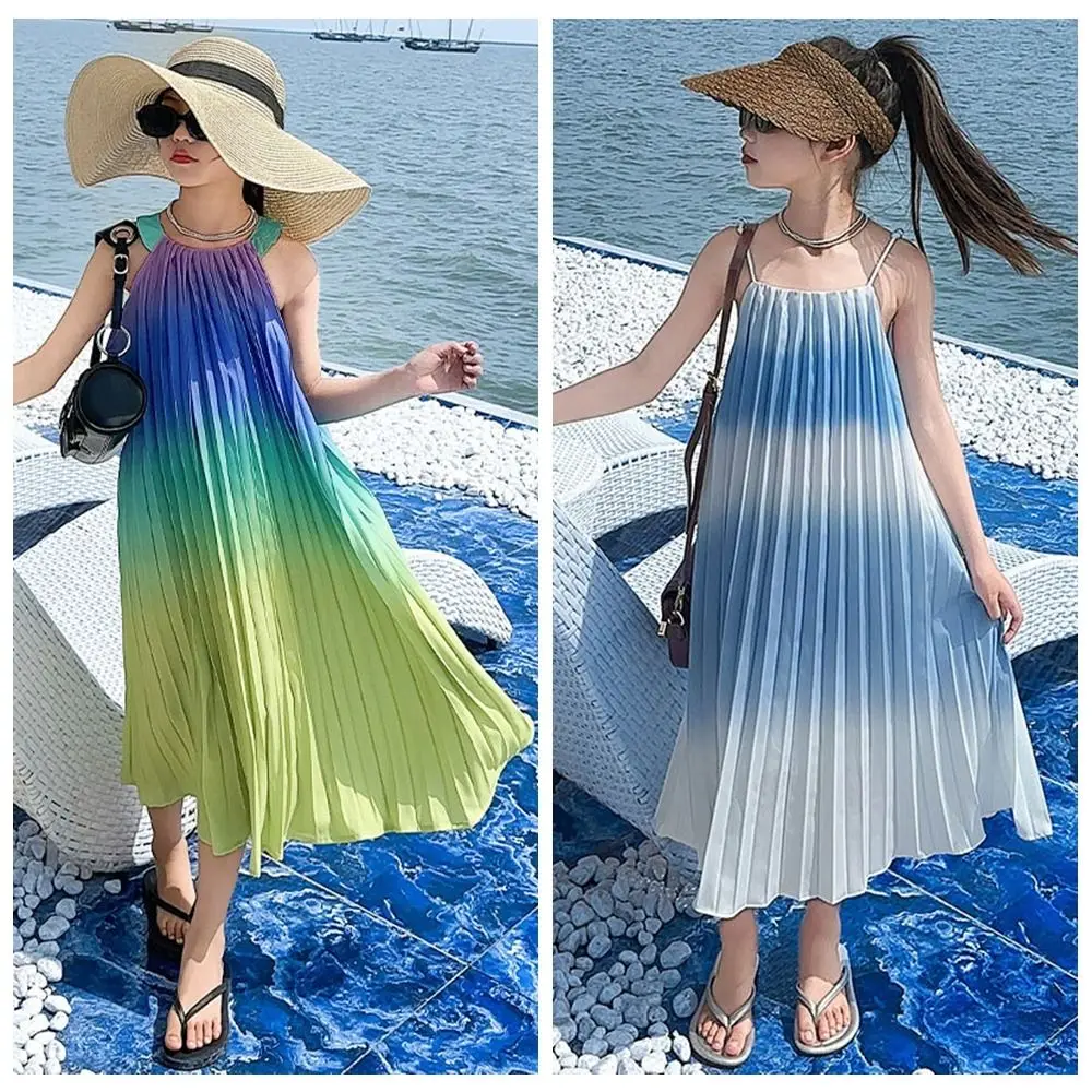 

Детская юбка без рукавов для пляжного отдыха, праздничное детское плиссированное платье с рюшами и подтяжками, длинное повседневное длинное платье с рюшами и градиентом