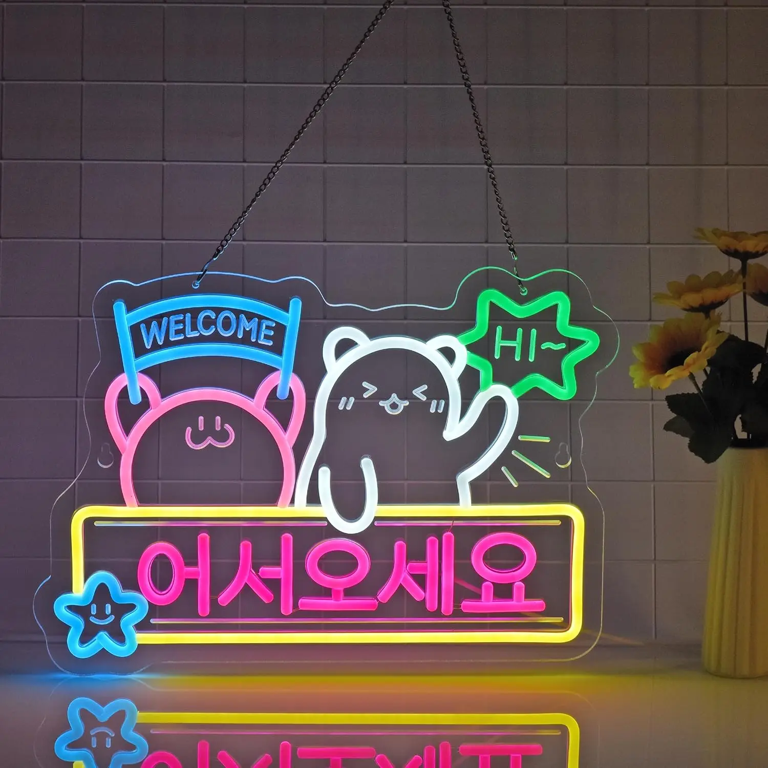 Welcome Neon Sign USB Dimmable Wall Light with Cute Characters for Home Cafe Bar Store Decor Friendly Greeting LED Wall Art Gift