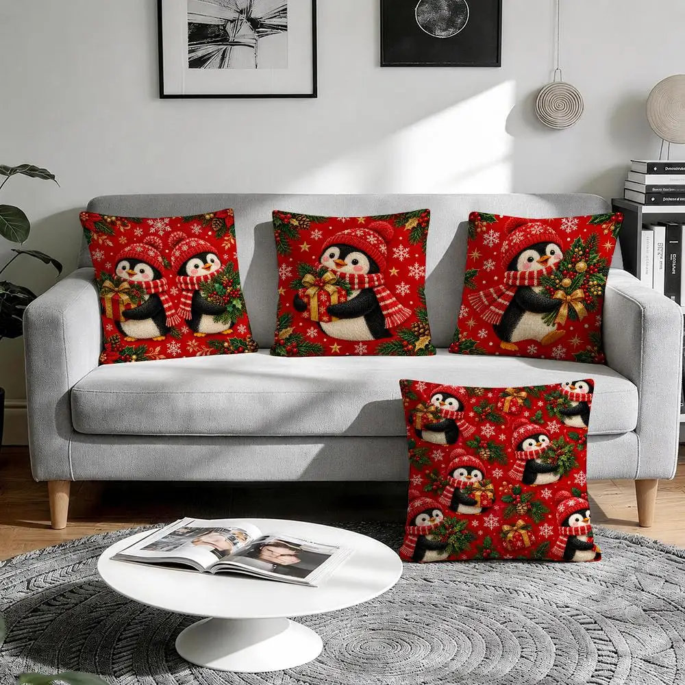 Christmas Penguins Cushion Cover 1/4Pcs Linen Throw Pillow Covers Double-Side Print Sofa Couch Living Room Decor