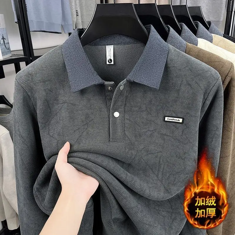 2026 Winter Brand Lapel Sweater Large Size Loose Fleece Thickened Long-sleeved T-shirt Top Men's Polo Shirt Men Clothing