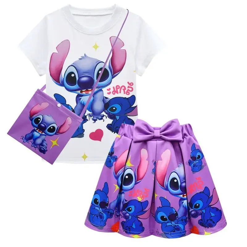 2025 New Stitch And Angel Children's Set Sleeve Pleated Cartoon Printing Kawaii Short Sleeves Skirt Lovely X158