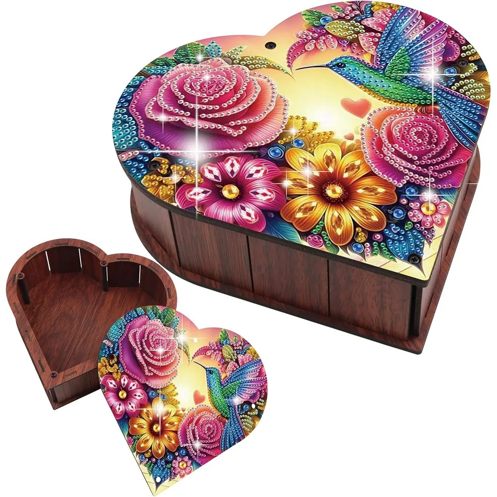 

DIY Diamond Art Jewelry Box Kits Heart-Shaped Diamond Painting Wooden Storage Box Large Capacity Organizer Case