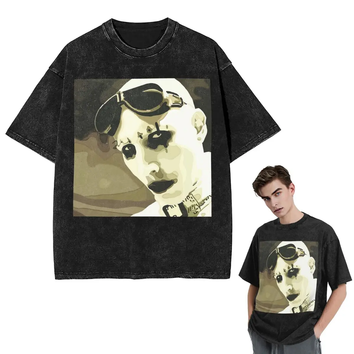 Streetwear T-Shirts Marilyn Manson Glitch Fan Gift Music   Washed T Shirt Short Sleeve Hip Hop T-Shirt Tops Tees for Men Women