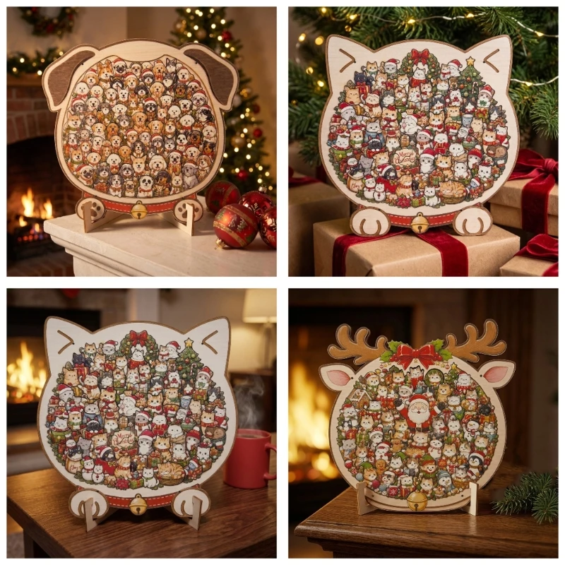 Wooden Christmas Animal Puzzle with Glues-Free Assembly, Precutting Pieces, and Stand for Seasonal Display for 15UB