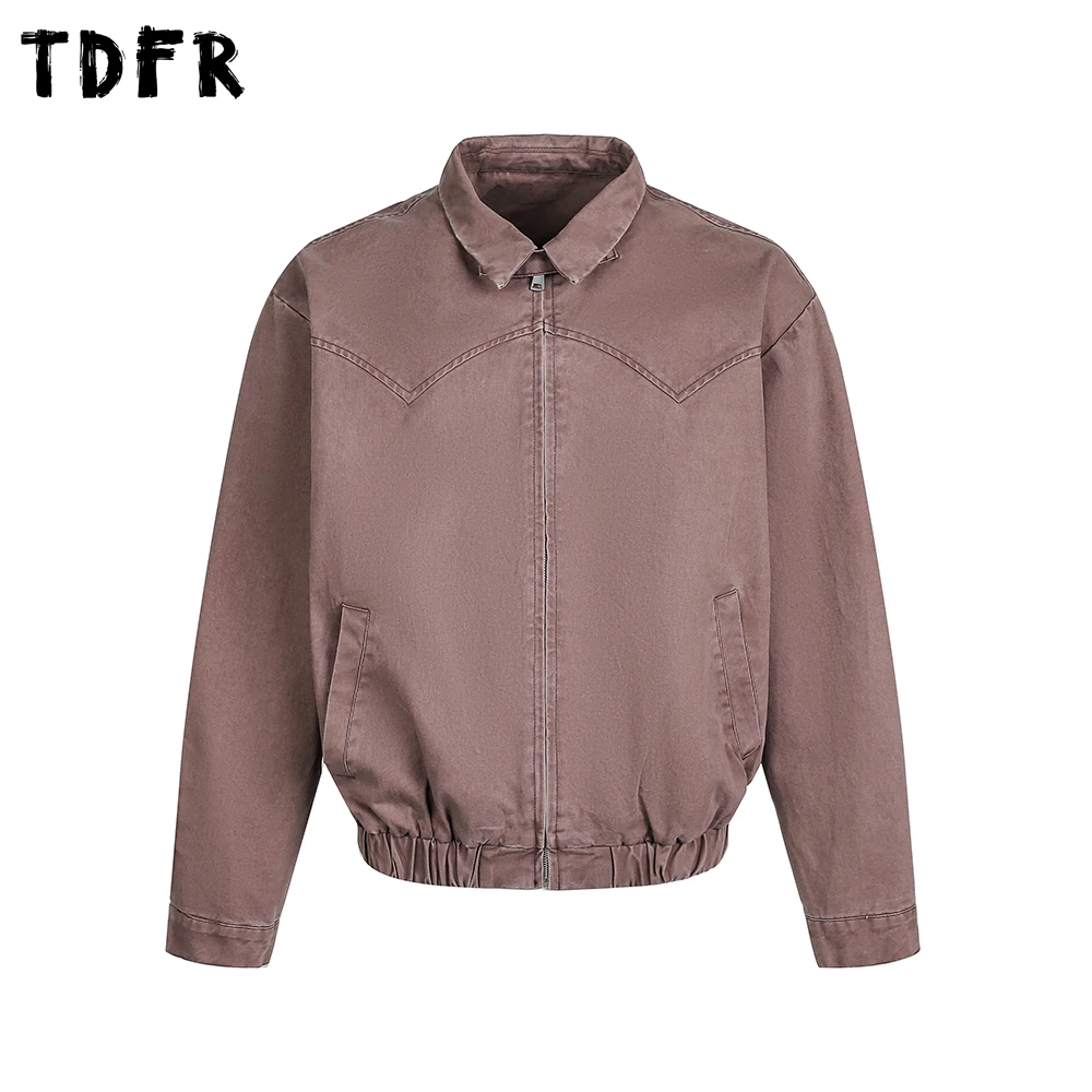 

Washed Distressed Cargo Jacket Mens Spliced Autumn Retro Lapel Single Breasted Loose Casual Long Sleeve Outerwear Man
