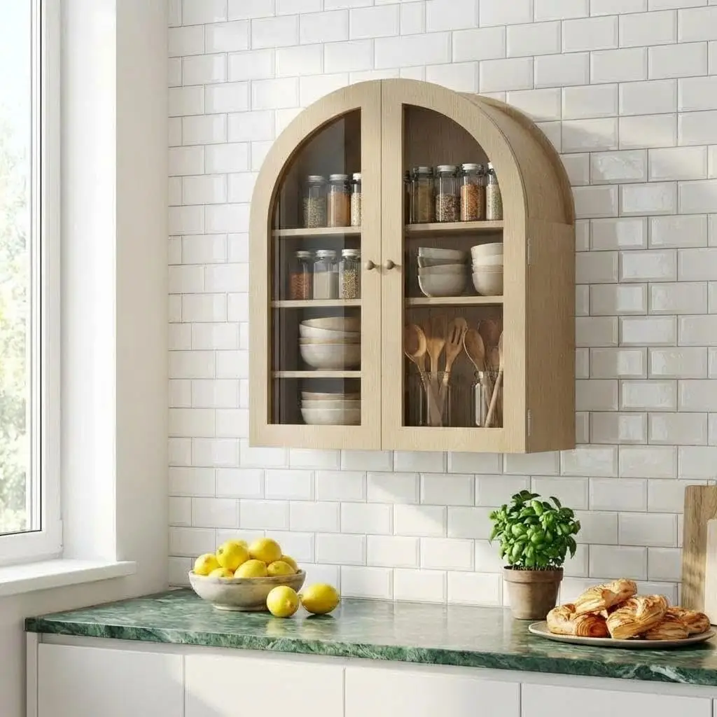 Gebogen wandkast, kleine aan de muur gemonteerde badkamerkast met glazen deuren en verstelbare planken, ruimtebesparende opbergruimte