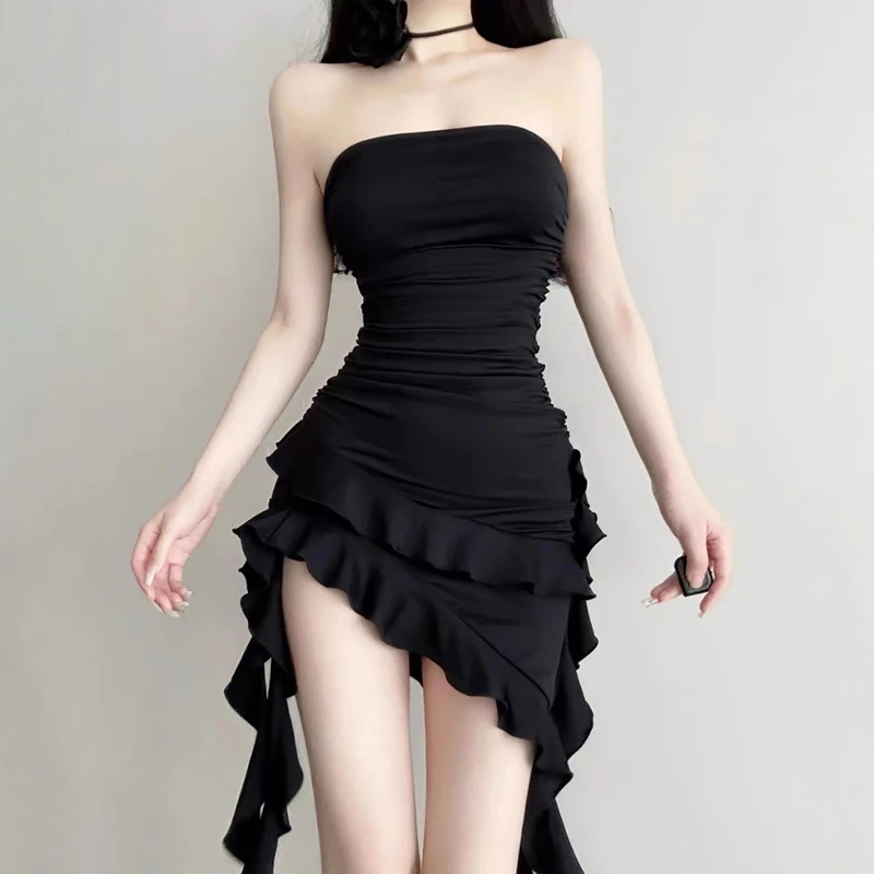 Sexy Irregular Strapless Black Dress Women Summer Backless Ruffles Dresses