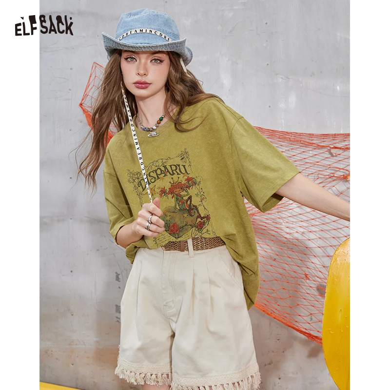 ELFSACK Women's Oversized Vintage Cartoon Girl Graphic T-Shirt with Rose Star Frame Print, Short Sleeve Loose Heather Tee