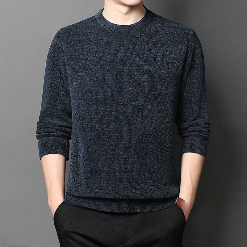 2024 Autumn Winter Men's Solid Color Round Neck Middle-Aged Dad's Warm Long Sleeved Sweater  Plush Thick  A179