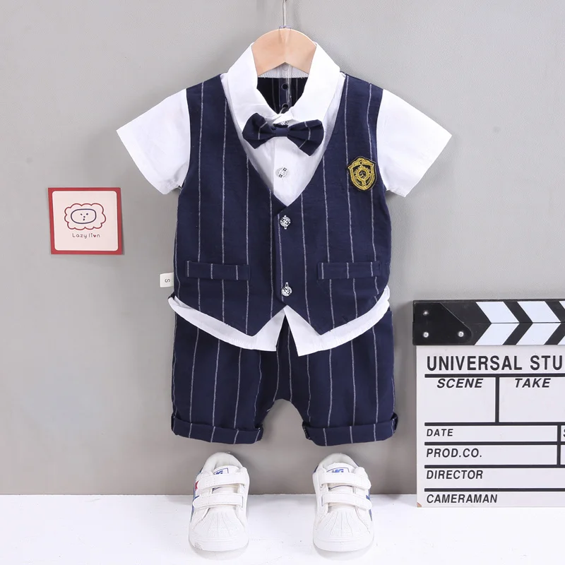 2PCS Baby Set Children\'s Summer Gentleman Style Bowtie faux two-piece Vest Polo Short Sleeve Shorts Set