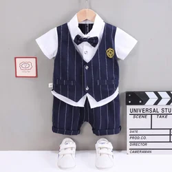 2PCS Baby Set Children's Summer Gentleman Style Bowtie faux two-piece Vest Polo Short Sleeve Shorts Set