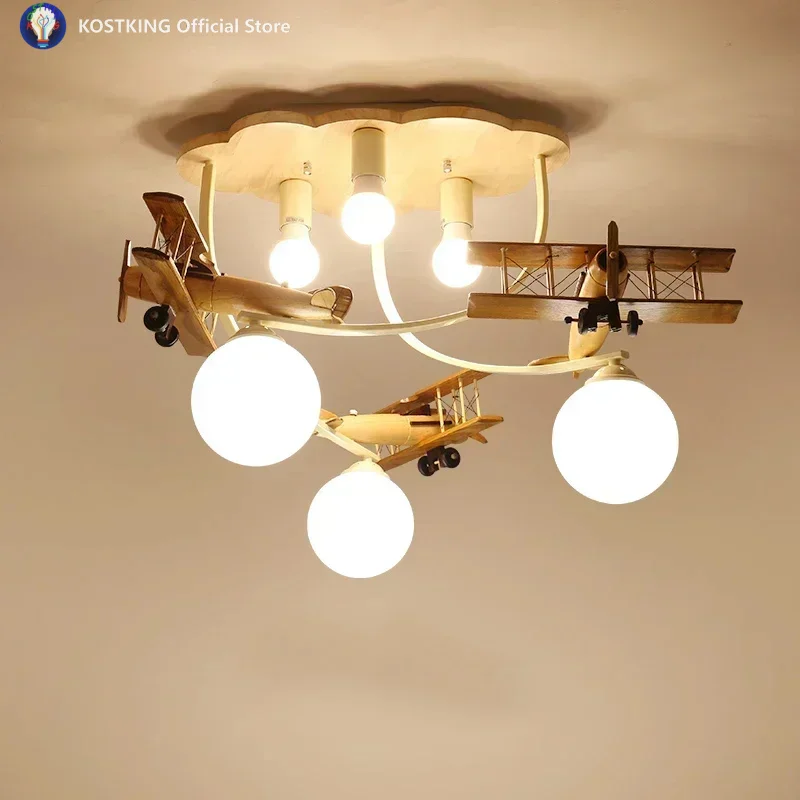 Airplane Chandelier Led Light Wooden Plane Lamp for Nursery Room Children's Bedroom Indoor Home Decor Ceiling Lights Kids Light