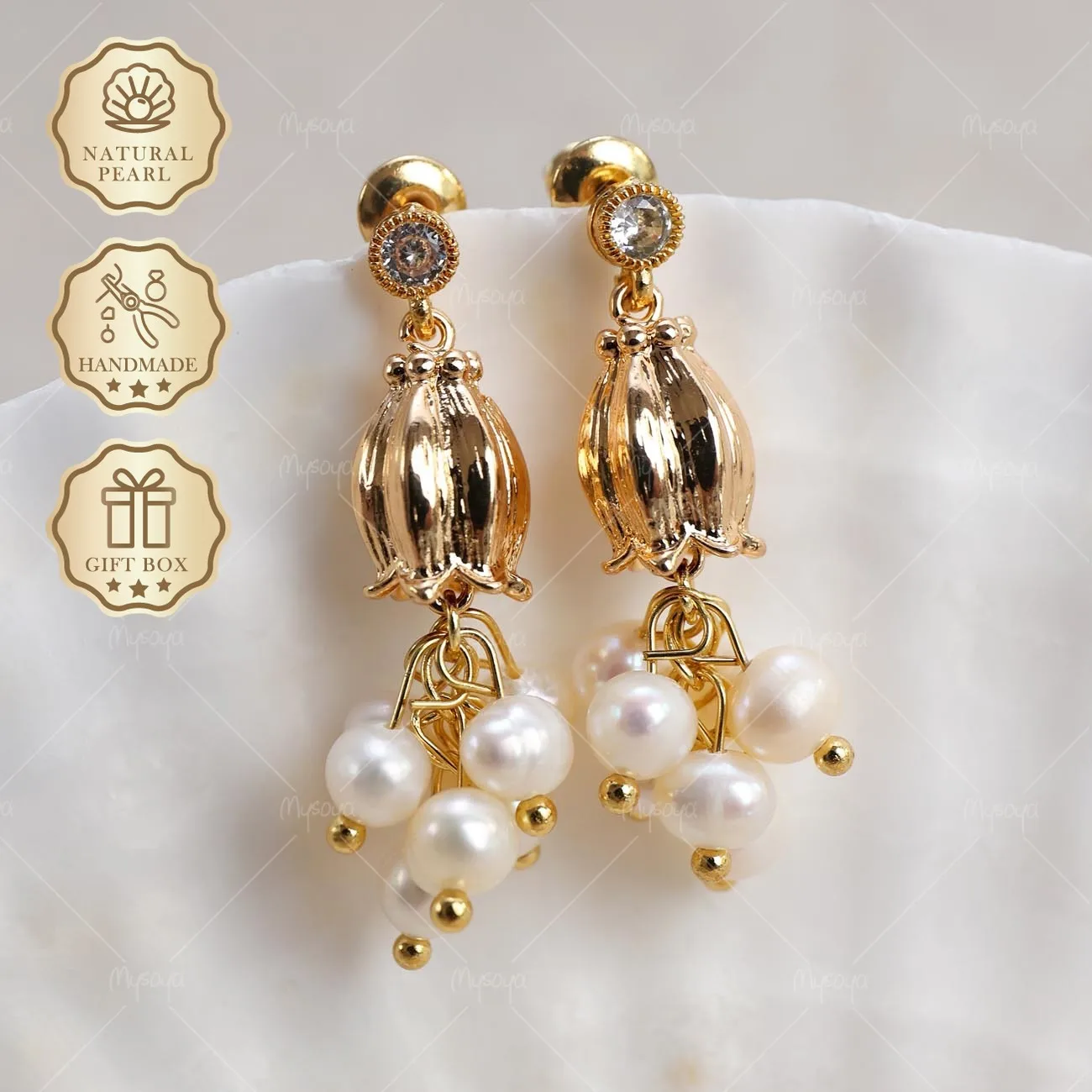

Mysoya White Freshwater Pearl Lily of the Valley Earrings 5-6mm Golden Gift Box Valentine's Day Birthday Gift For Her