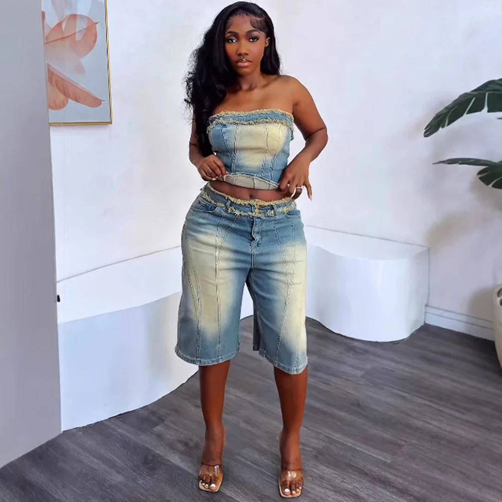 Women's Jeans Sets Summer Fashion Strapless Denim Washed Fringe Tube Top and Knee Length Baggy Jean Shorts Matching Set Outfits