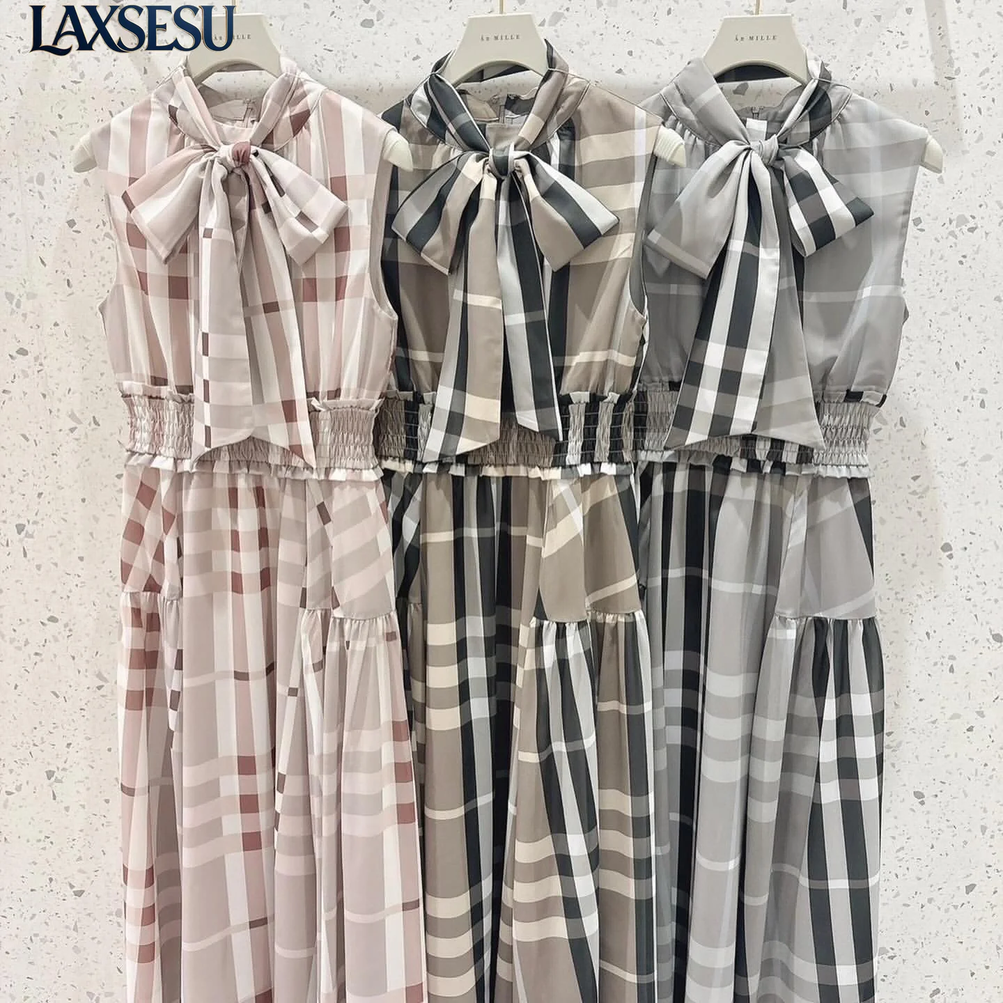 Japanese Style Summer New Waist Cinching Long Dress with Bow Tie and Grid Pattern Sleeveless High Waisted Elegant Dresses