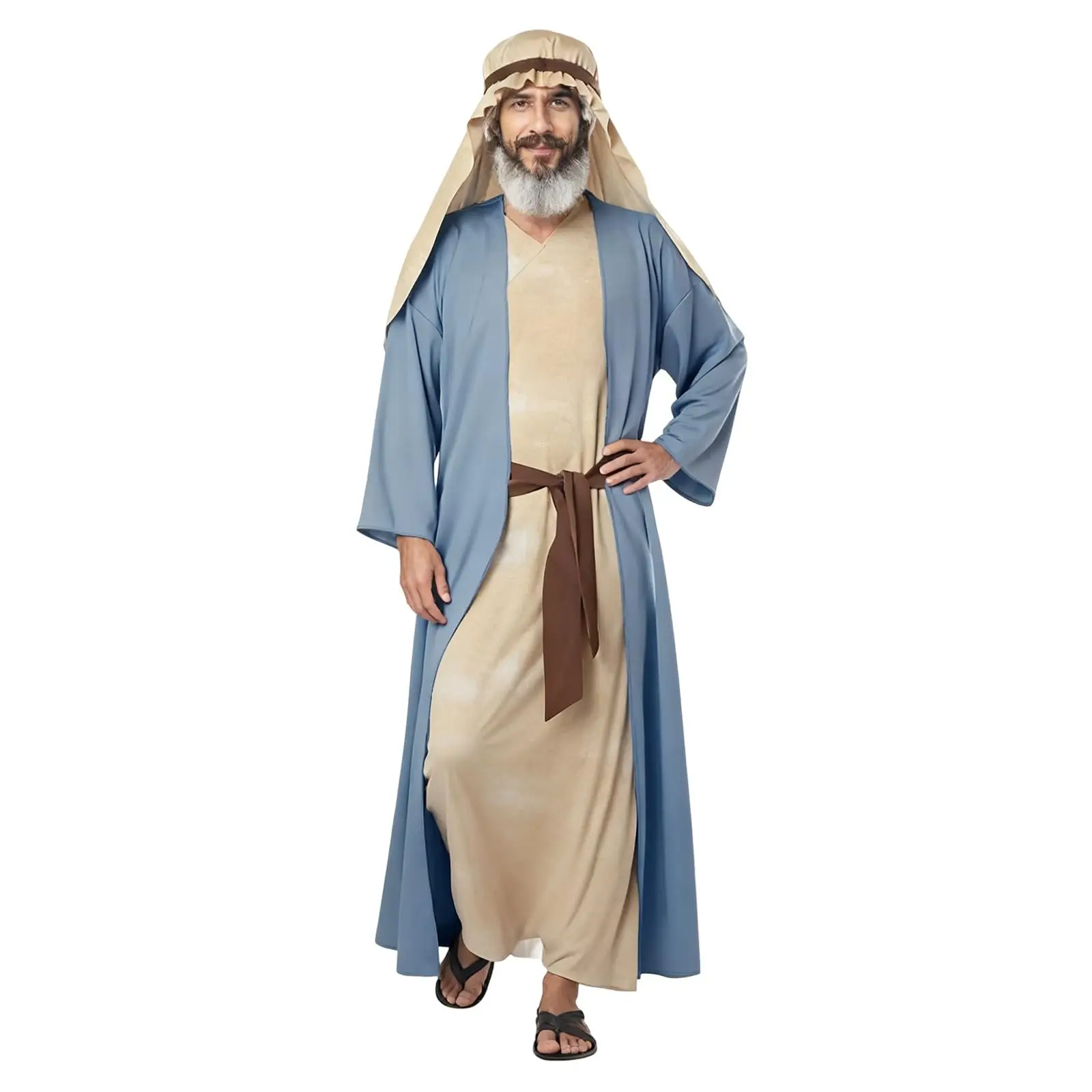 

Men'S Biblical Tunic Blue Beige Robe Hooded Sash-Tie Medieval Role-Play Festival 2026 Trendy Stylish Attire Stage Clothing Traje