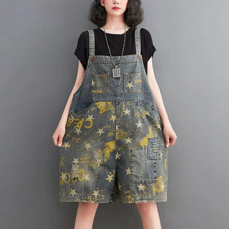 Denim Jumpsuits Women Vintage Korean Style One Piece Outfit Casual Cropped Rompers Printed Wide Leg Jeans Summer Women Clothing