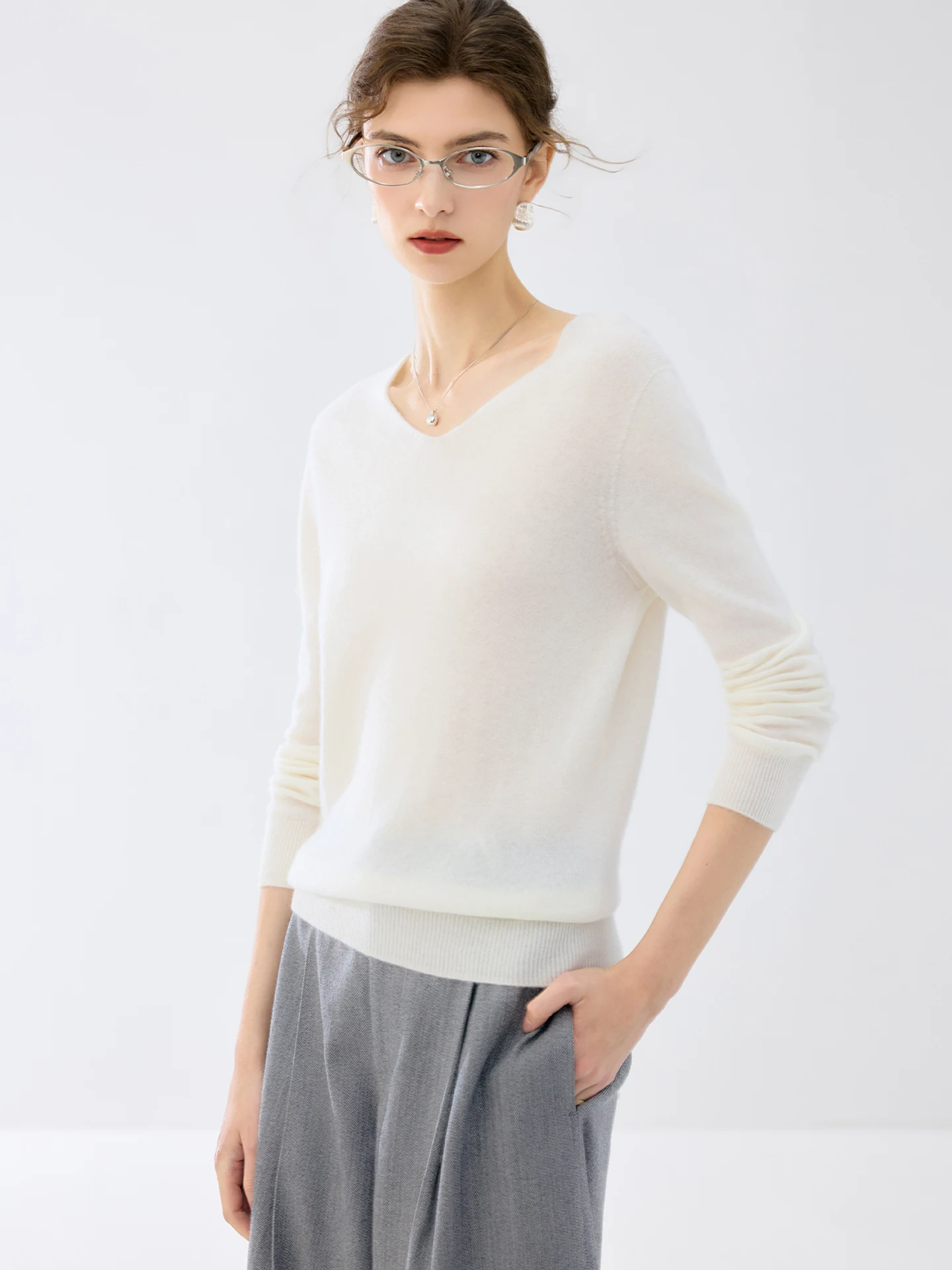 Casual Daily Autumn Winter Woman 100% Cashmere V-Neck Pullover Knitwear Elegant Solid Long Sleeve Soft Wool Minimalist Clothes