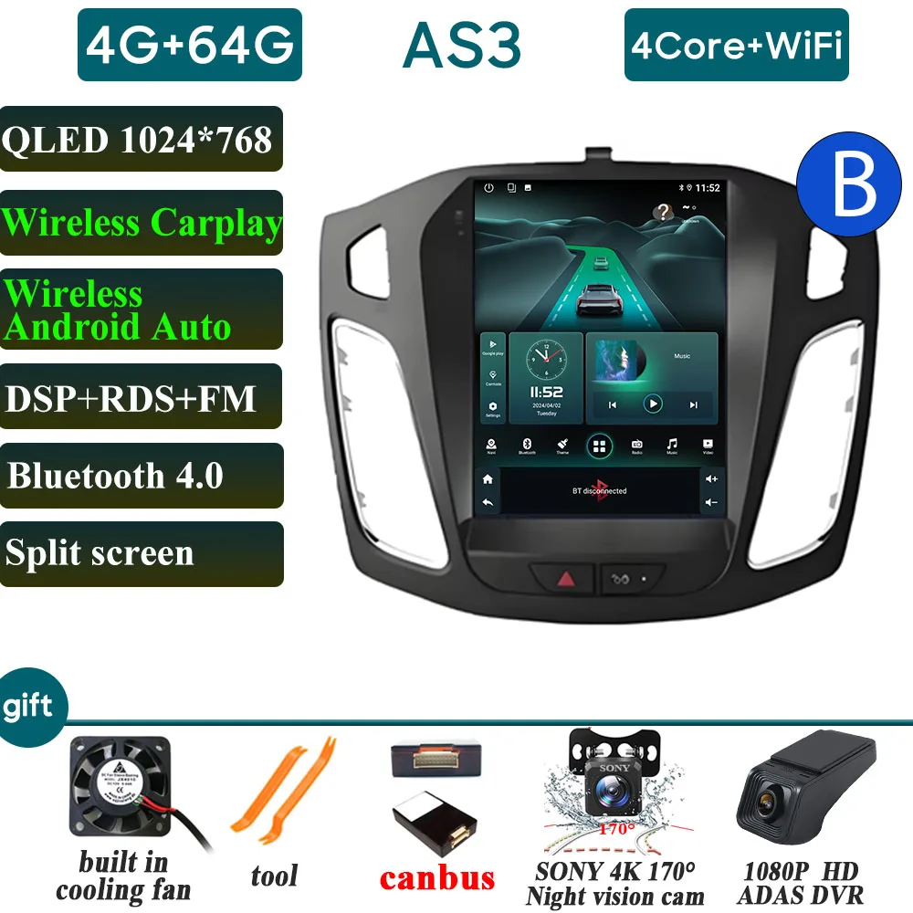 Autoradio Carplay 9.7 Inch Voor Ford Focus 3 Mk3 2011 2012-2019 Navigatie GPS Android Auto Android 15 5G Wifi Unit Geen 2din DVD