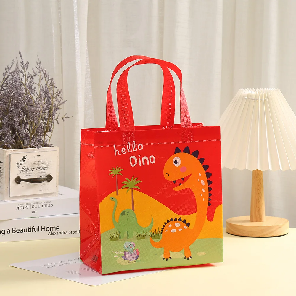 4Pcs Dinosaur Pattern Gift Bag Nonwoven Pink Cute Gift Bags Candy Pouch for Boys Girls Dino Birthday Party Decoration Packaging view 5