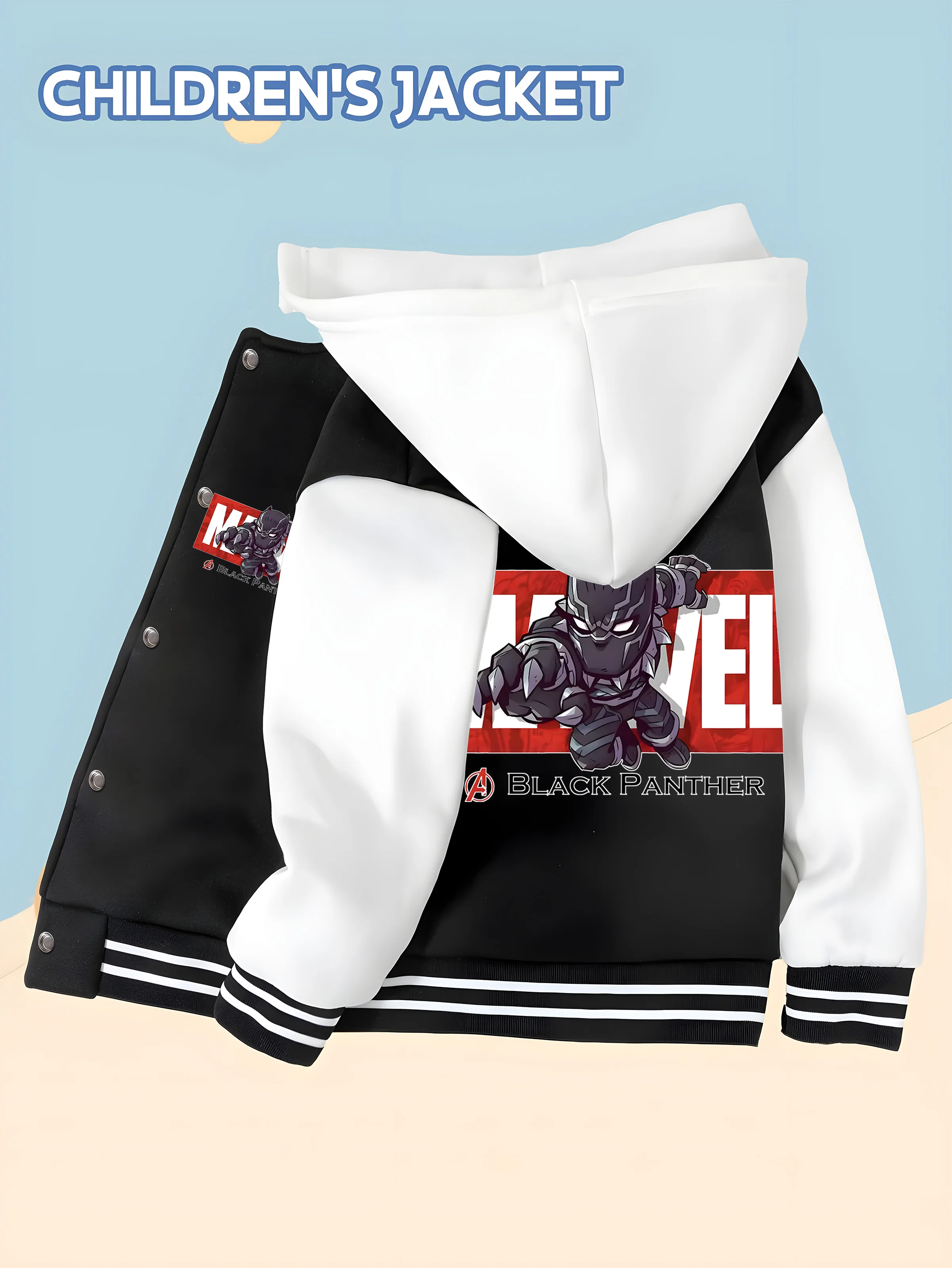 

MINISO Baseball hooded Jacket - Black Panther cool print, double-sided pattern design, soft and comfortable fabric, fashionable