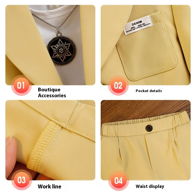 School Uniform for Boys Yellow Casual Blazers Trousers Two-piece Flower Child Wedding Costume Handsome Host Performance Outfits