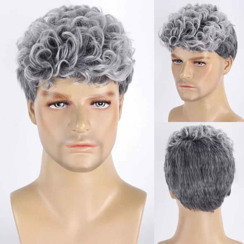 European and American men's short curly hairstyle, gray-white gradient new fluffy high-temperature synthetic fiber wig