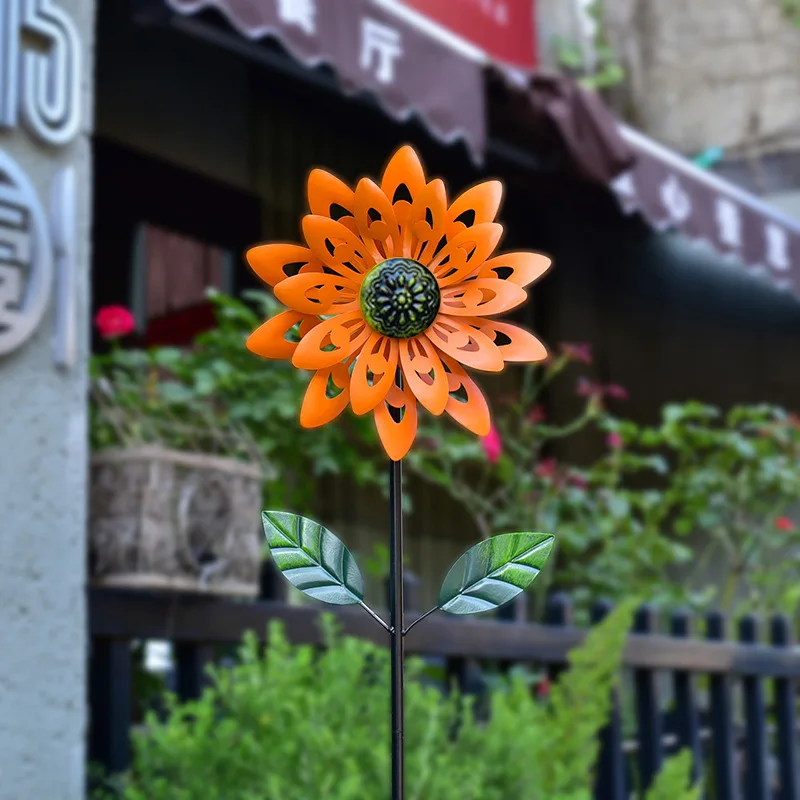 HYS Outdoor Sunflower Decoration Windmill Arrangement Metal Rotating Ground Insertion Windmill Iron Crafts Garden Windmill