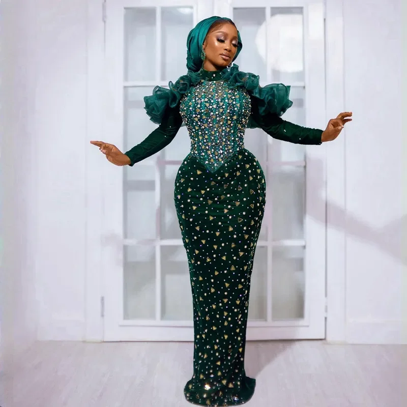 Luxury Velvet Aso Ebi Prom Dress Emerald Green Long Sleeves Shine Beads Evening For Special Occasions Birthday Formal Party Gown