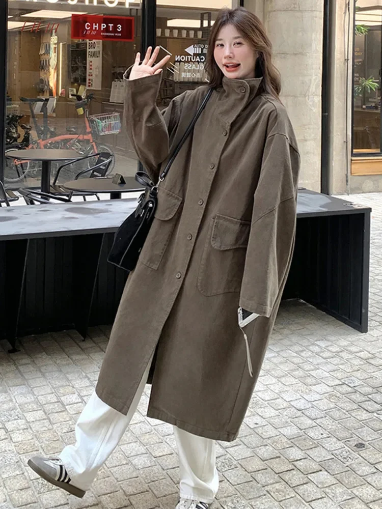 

Office Lady Loose Long Trench Coat Women Lapel Big Pockets Spliced Single Breasted Windbreaker 2025 Spring New 2VV274