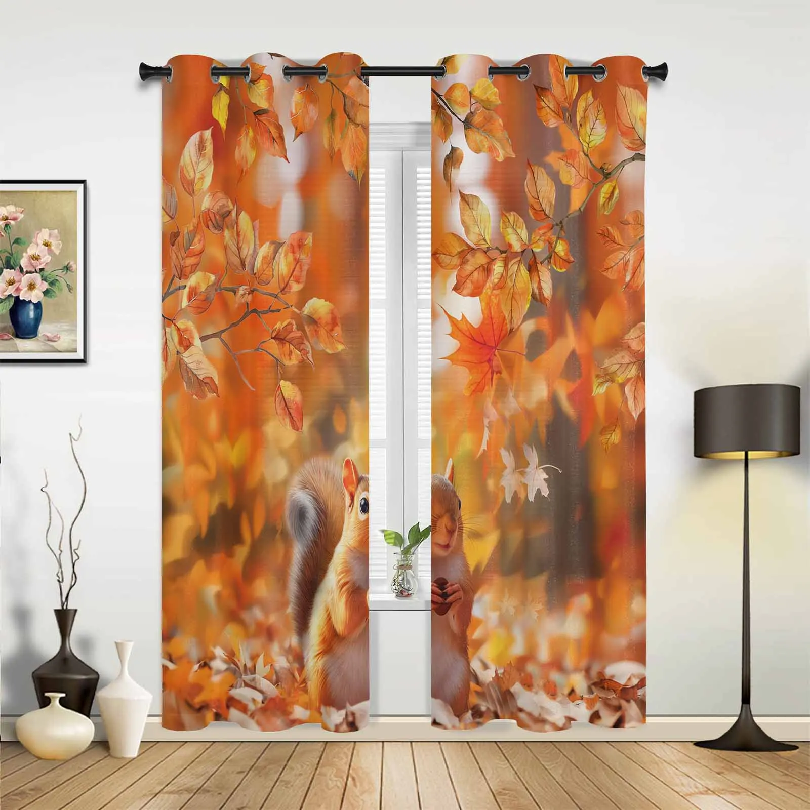 Autumn Leaves Squirrel Modern Window Curtains for Living Room Bedroom Curtain Kitchen Treatment Blinds Drapes