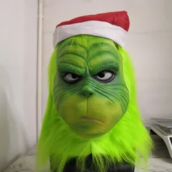 Green Hair Monster Christmas Mask Costume with Red Santa Hat Role Play Halloween Party Props Adult Green Latex Full Head Mask