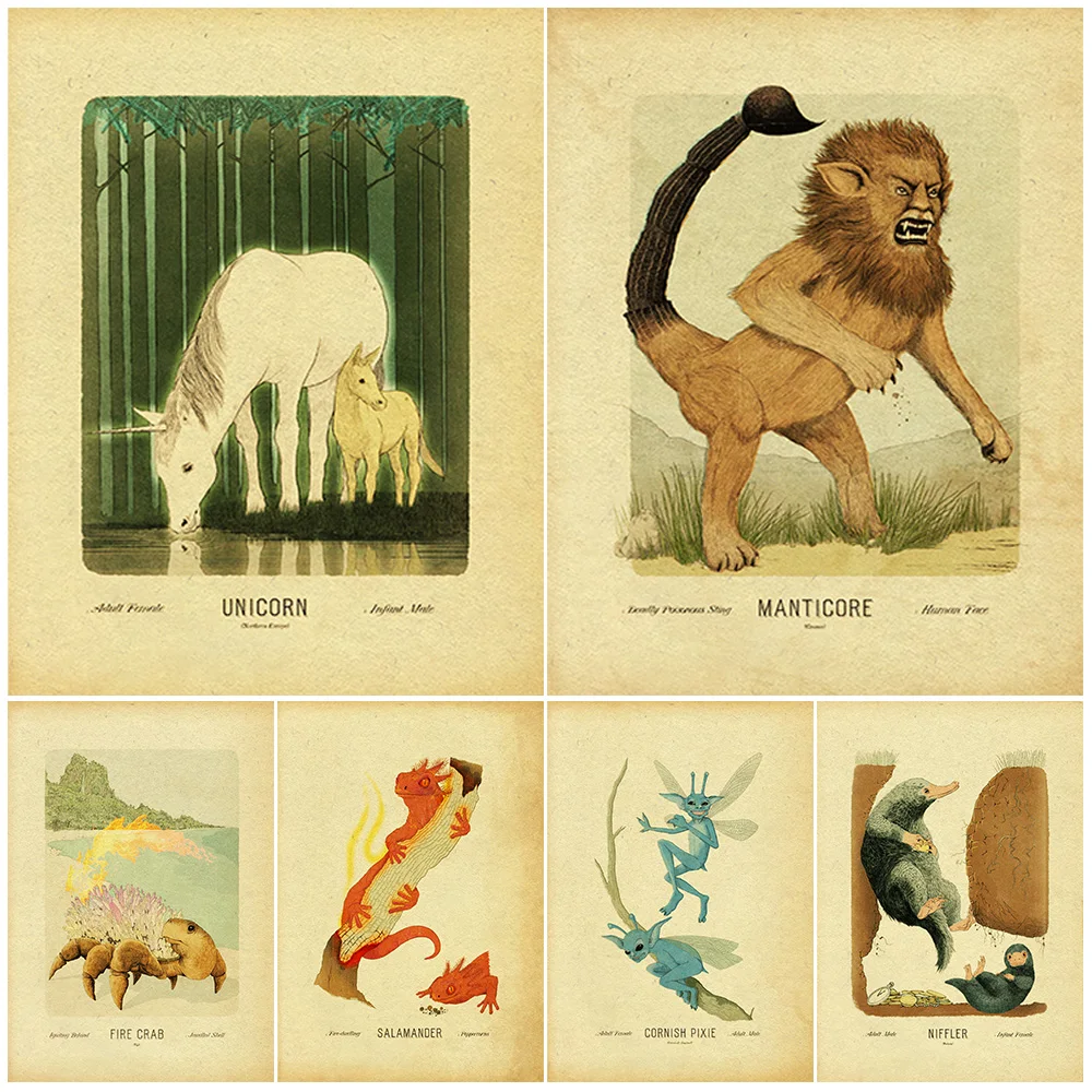 

Manticore,Unicorn,Elf,Mythical Animals Vintage Wall Art Canvas Painting Mysterious Magical Creatures Art Poster Print Home Decor