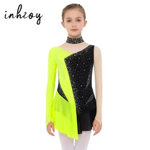 Vestido de baile de patinaje artístico para niñas, leotardo de gimnasia rítmica, mono de manga larga de retales de malla transparente con diamantes de imitación brillantes