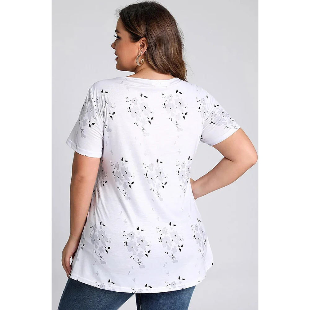 Plus Size Cross Strap Short Sleeve Floral Print Blouses White Tops