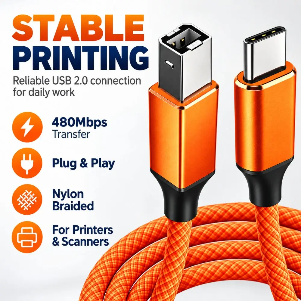 USB 2.0 USB-C Printer Cable 480Mbps Plug And Play USB-B Data Cord Wide Compatibility Nylon Braided Printer Sync Lead