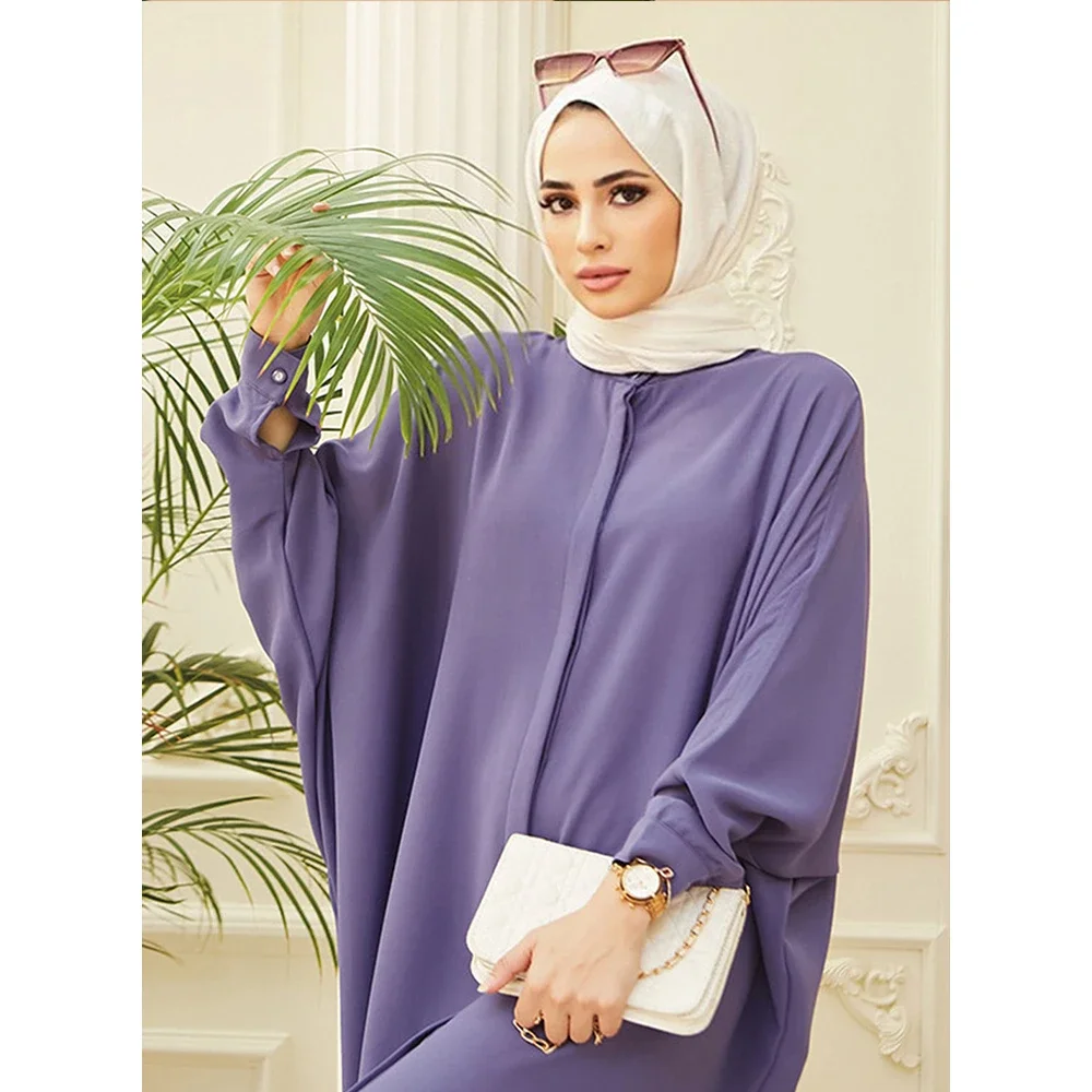 Gamis wanita Muslim, baju gamis kardigan Dubai Islami, baju doa Ramadan warna polos lengan kelelawar