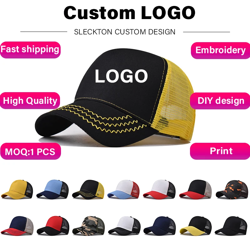 SLECKTON-gorra de béisbol bordada con logotipo personalizado para hombre y mujer, gorro de malla con estampado de imagen, diseño de marca, Unisex,