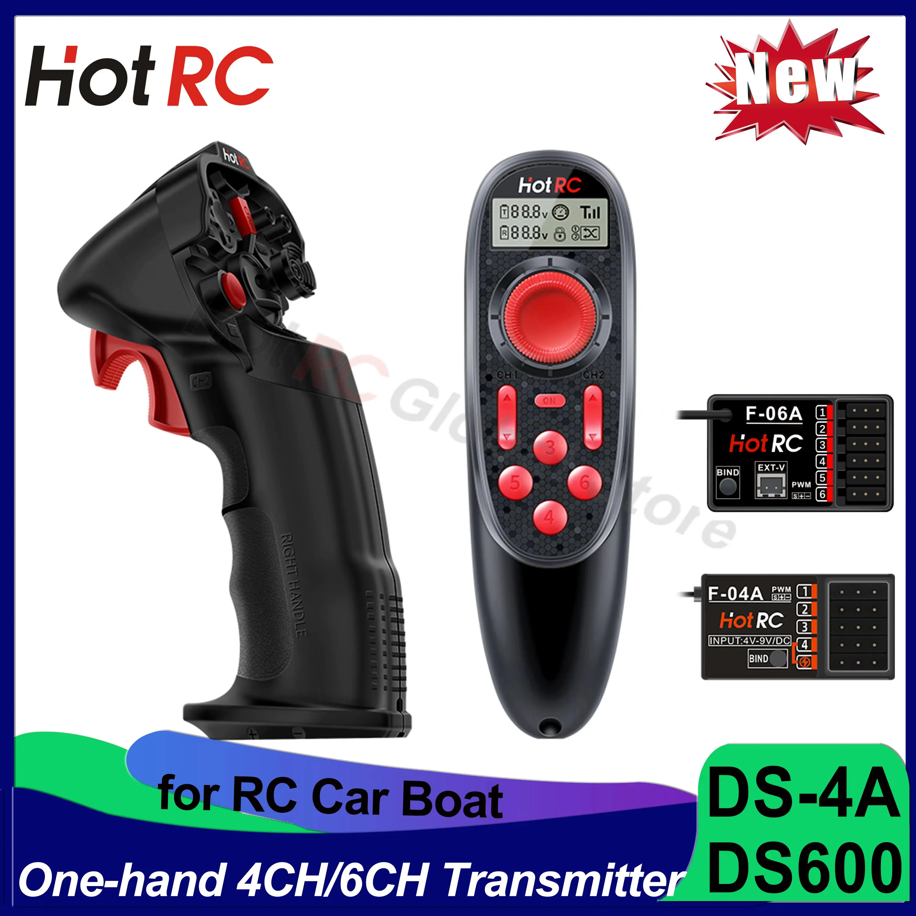 HotRC DS4A DS600 4/6 Channels Single-handed Operation RC Radio Transmitter with Receiver for RC Car Boat Robot Airplane Toys