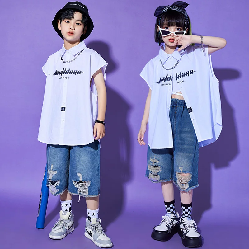

Kid Kpop Hip Hop Clothing White Sleeveless Shirt Casual Denim Distressed Ripped Jeans Shorts for Girl Boy Dance Costume Clothes